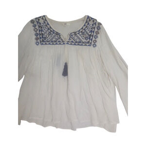 Womens L Boho Peasant Blouse White Blue Embroidered Tassel Top Flowy Festival